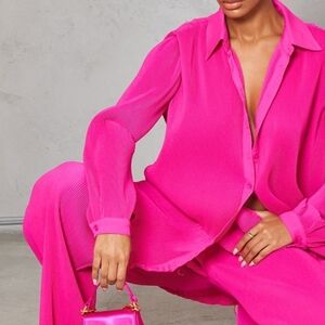 Hot Pink Plisse Button Front Oversized Shirt
